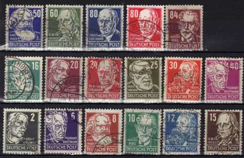 GERMANY RUSSIAN ZONE 1948 DEFIN SET OF 17 VFU. SG R33-R48 + E95. CAT 58 POUNDS.