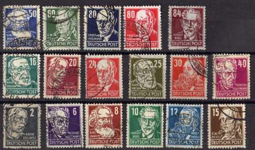 GERMANY RUSSIAN ZONE 1948 DEFIN SET OF 17 VFU. SG R33-R48 + E95. CAT 58 POUNDS.
