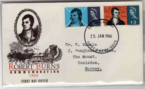 GREAT BRITAIN 1966 "ROBERT BURNS COMMEM" SET OF 2 ON FDC VFU. SG 685-6. CAT 4 GBP.