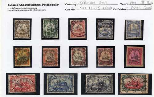 GERMAN SOUTH WEST AFRICA 1901 YACHT DEFIN SET OF 13 + SHADE OF 20Pfg VFU. SACC 13-25. CAT R5955.