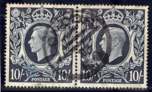 GREAT BRITAIN 1939-48 DEFIN 10/- DARK BLUE HORIZ PAIR VFU. SG 478. CAT 44 POUNDS.