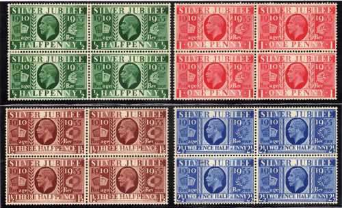 GREAT BRITAIN 1935 SILVER JUBILEE SET OF 4 MM IN BLOCKS OF 4. SG 453-456. CAT 30 POUNDS ++