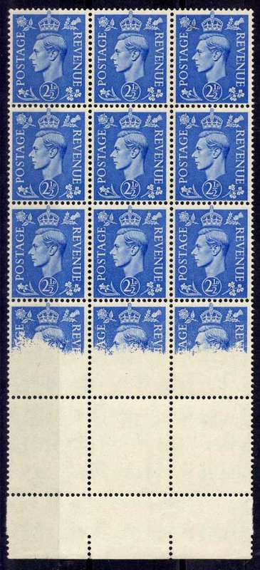 GREAT BRITAIN 1937 KGVI 2,5d BOTTOM MARGINAL BLOCK OF 15 WITH 'DRY PRINTING" SUPERB UMM. SG 466v.