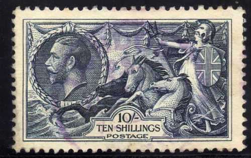 GREAT BRITAIN 1934 RE-ENGRAVED SEAHORSE 10/- VERY FINE USED. SG 452. CAT 80 POUNDS.