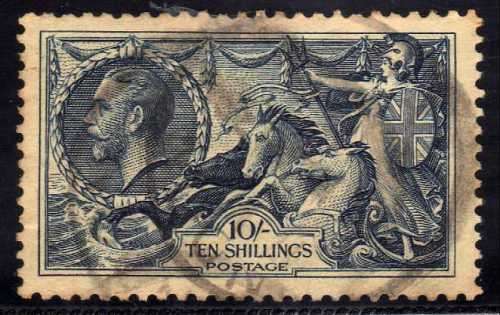 GREAT BRITAIN 1934 RE-ENGRAVED SEAHORSE 10/- FINE USED. SG 452. CAT 80 POUNDS.