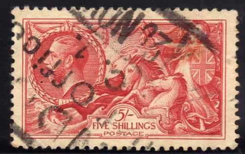 GREAT BRITAIN 1934 RE-ENGRAVED SEAHORSE 5/- FU. SG 451. CAT 85 POUNDS.