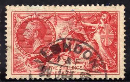 GREAT BRITAIN 1934 RE-ENGRAVED SEAHORSE 5/- FU. SG 451. CAT 85 POUNDS.