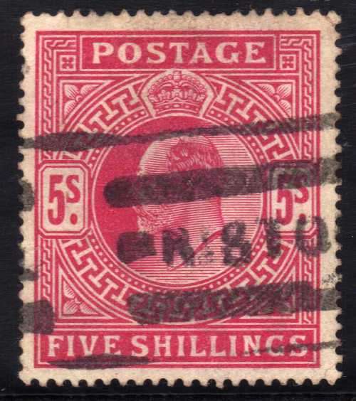 GREAT BRITAIN 1902-10 KEVII DE LA RUE 5/- DEEP BRIGHT CARMINE FINE USED. SG 264. CAT 220 POUNDS.