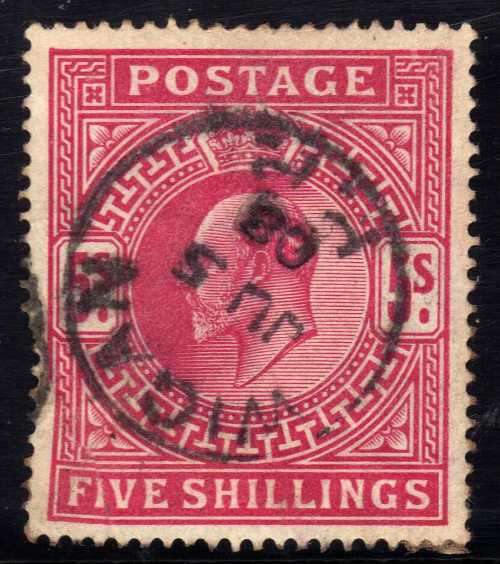 GREAT BRITAIN 1902-10 KEVII DE LA RUE 5/- DEEP BRIGHT CARMINE VERY FINE USED. SG 264. CAT 220 POUNDS