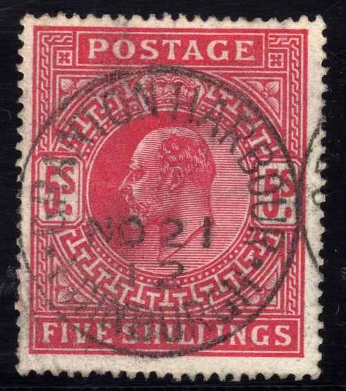 GREAT BRITAIN 1902-10 KEVII DE LA RUE 5/- DEEP BRIGHT CARMINE VERY FINE USED. SG 264. CAT 220 POUNDS