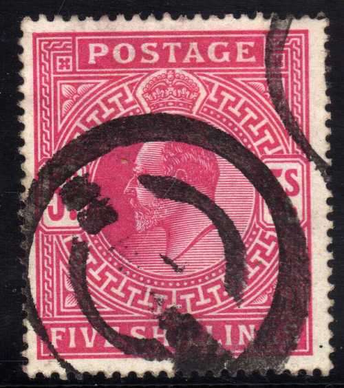 GREAT BRITAIN 1902-10 KEVII SOMERSET HOUSE PRINTING 5/- CARMINE FINE USED. SG 318. CAT 200 POUNDS.