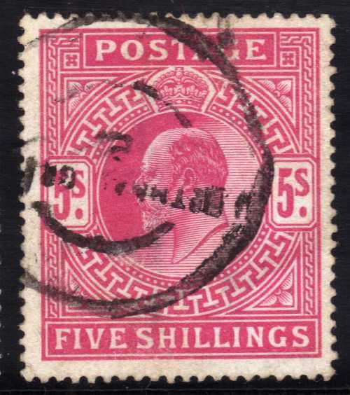 GREAT BRITAIN 1902-10 KEVII SOMERSET HOUSE PRINTING 5/- CARMINE VFU. SG 318. CAT 200 POUNDS.