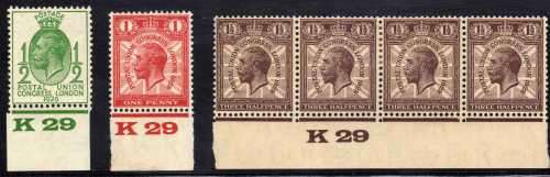 GREAT BRITAIN 1929 "UPU"  K29 CONTROLS. 1/2d & 1d MM SINGLES 1,5d STRIP OF 4 UMM & MM. SG 434-436.