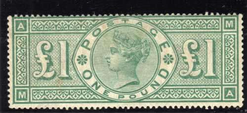 GREAT BRITAIN 1887-92 JUBILEE ISSUE RARE 1 POUND GREEN MOUNTED MINT. SG 212.