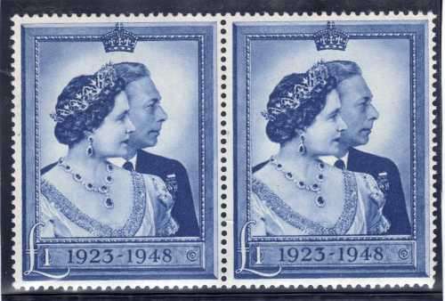 GREAT BRITAIN 1948 SILVER WEDDING 1 POUND LIGHTLY MOUNTED MINT HORIZ PAIR. SG 494. CAT 80 POUNDS.