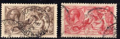 GREAT BRITAIN 1918-19 BRADBURY WILKINSON SEA HORSES 2/6d & 5/- VFU. SG 414 & 416. CAT 180 POUNDS.