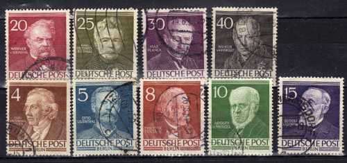 GERMANY BERLIN 1952 FAMOUS BERLINERS PART SET OF 9 (NO 6Pf)  VFU. SG B91-92, B94-100. CAT 53,80 GBP.