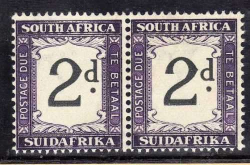 SOUTH AFRICA 1932-42 POSTAGE DUE 2d PAIR INVERTED WMK LIGHTLY MM. PERF 15 x 14. SACC 25b. CAT R1960.