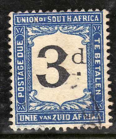 SOUTH AFRICA 1922-26 POSTAGE DUE 3d BLACK AND BLUE VERY FINE USED. SACC 15. CAT R350.