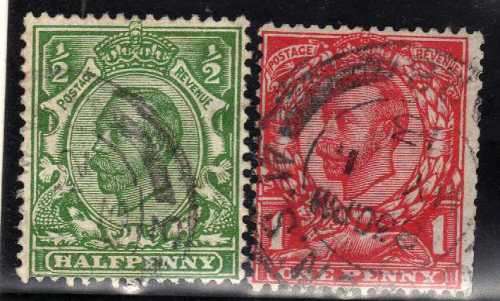 GREAT BRITAIN 1912 DOWNEY HEAD SET OF 2 WMK ROYAL CYPHER MULTIPLE. FU.  SG 346, 349. CAT 18 POUNDS.