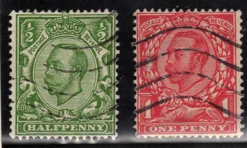 GREAT BRITAIN 1912 DOWNEY HEAD SET OF 2 WMK ROYAL CYPHER SIMPLE. FINE USED. SG 344-45. CAT 7,50 GBP.