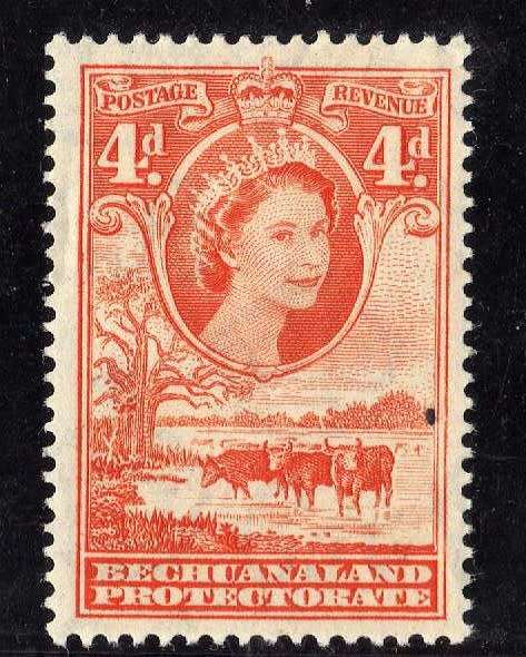 BECHUANALAND 1953 DEFIN 4d ORANGE LMM TINY BLACK SPOT ON FACE. SACC 142. CAT R200.
