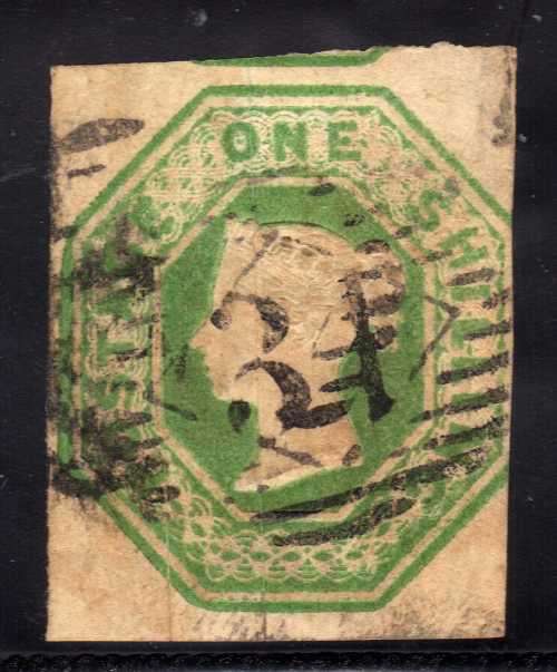 GREAT BRITAIN 1847-54 EMBOSSED ISSUE 1/- GREEN CUT SQUARE FINE USED. SG 55. CAT 1000 POUNDS.