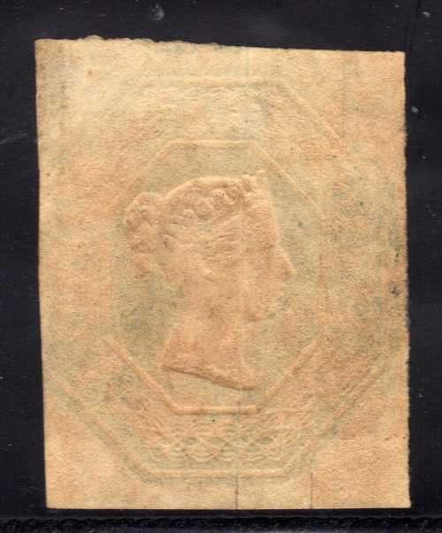 GREAT BRITAIN 1847-54 EMBOSSED ISSUE 1/- GREEN CUT SQUARE FINE USED. SG 55. CAT 1000 POUNDS.