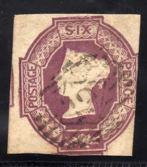 GREAT BRITAIN 1847-54 EMBOSSED ISSUE 6d PURPLE CUT SQUARE FINE USED. SG 60. CAT 1000 POUNDS.
