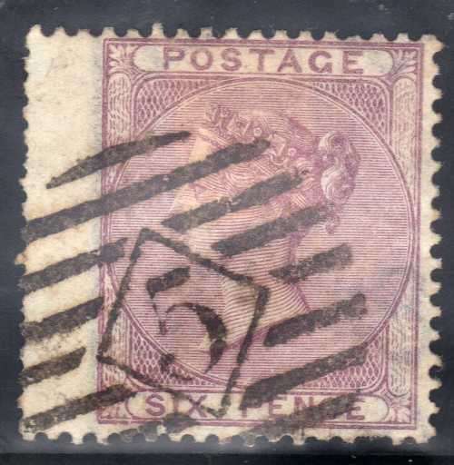 GREAT BRITAIN 1856 6d LILAC WING MARGIN FINE USED. WMK EMBLEMS. SG 68. CV 110 POUNDS.