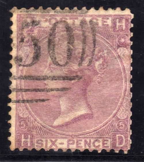 GREAT BRITAIN 1865 6d LILAC (WITH HYPHEN) PLATE 5 FINE USED. WMK EMBLEMS. SG 97. CV 140 POUNDS.