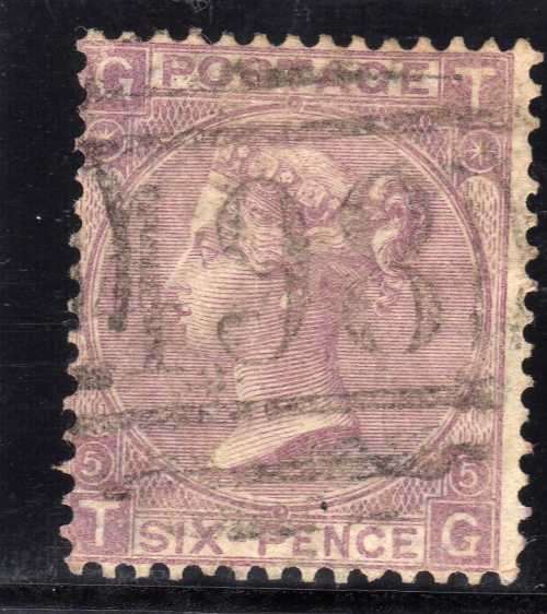 GREAT BRITAIN 1865 6d LILAC (WITH HYPHEN) PLATE 5 FINE USED. WMK EMBLEMS. SG 97. CV 140 POUNDS.