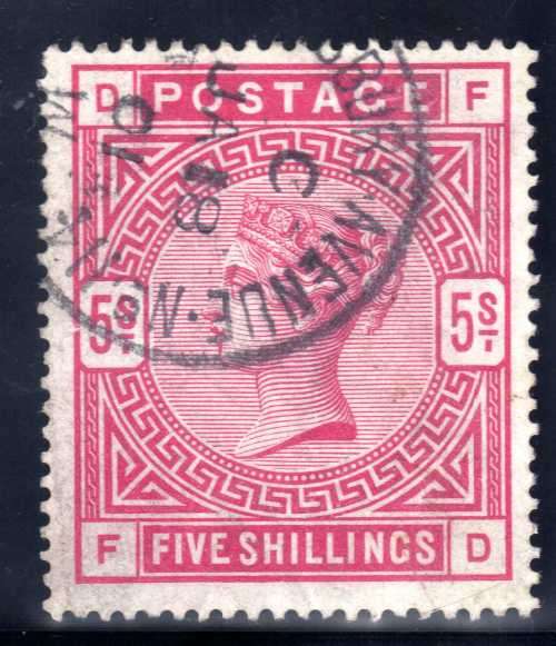 GREAT BRITAIN 1883-84 5/- ROSE SUPERB USED WITH C.D.S. SG 180. CAT 250 POUNDS.