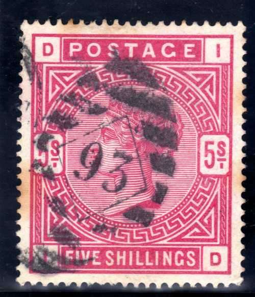 GREAT BRITAIN 1883-84 5/- CRIMSON WITH BARRED NUMERAL CANCEL. (SOME STAINING) SG 181. CAT 250 POUNDS