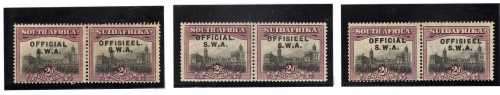 SOUTH WEST AFRICA 1929 2d OFFICIAL PAIRS MM WITH ALL 3 "NO STOP" VARIETIES. SACC 11a & 11b. CAT R600