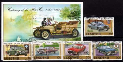 LESOTHO 1985 "CENTURY OF MOTORING " SET OF 5 PLUS MINI SHEET VFU. SG 640-5. CAT 12,50 POUNDS.