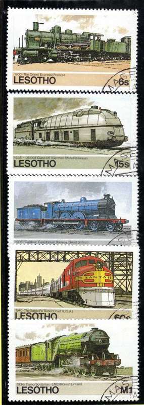 LESOTHO 1984 "RAILWAYS OF THE WORLD" SET OF 5 VFU. SG 605-9. CAT 4 POUNDS.