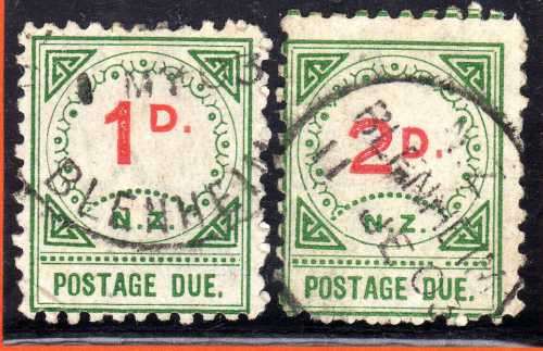 NEW ZEALAND 1899 POSTAGE DUE 1d & 2d SMALL "D" VERY FINE USED. SG D14 & D15. CAT 13,25 POUNDS.