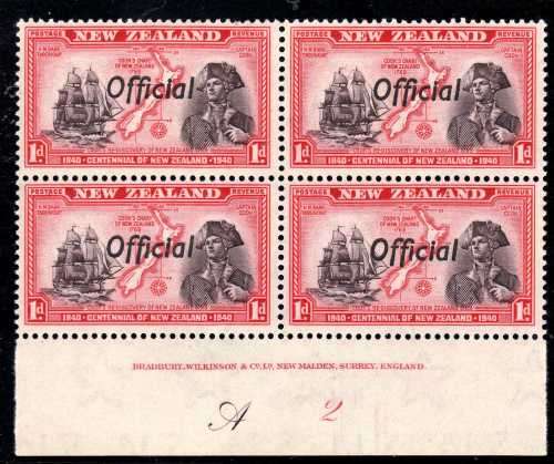 NEW ZEALAND OFFICIAL STAMP 1940 CENTENNIAL 1d IMPRINT BLOCK OF 4 UMM. SG O142. STAMPS CAT 30 POUNDS.