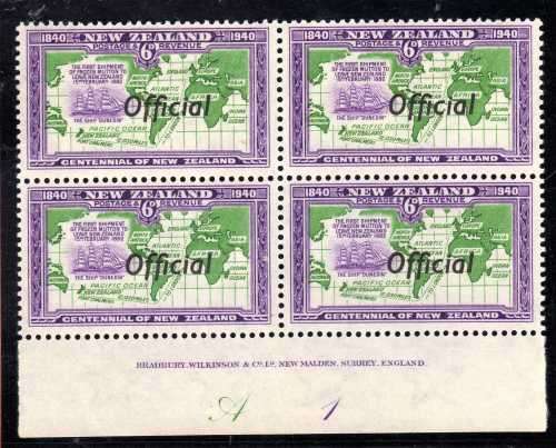 NEW ZEALAND OFFICIALS 1940 CENTENNIAL 6d IMPRINT BLOCK OF 4 UMM. SG O148. STAMPS CAT 140 POUNDS.