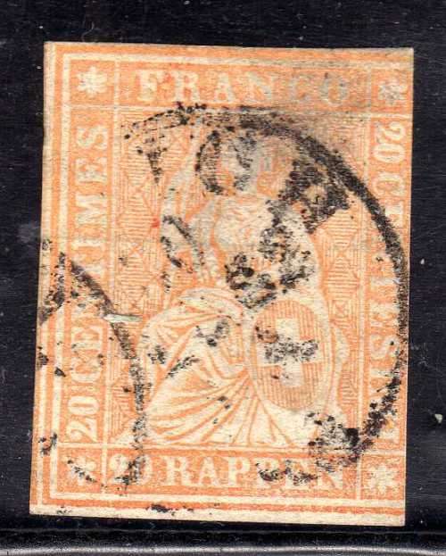 SWITZERLAND 1854 20R ORANGE IMPERF GOOD USED 3 MARGINS. SG 50. CAT 75 POUNDS.