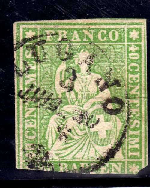 SWITZERLAND 1854 40r IMPERF GOOD USED CUT MARGINS. SG 51. CAT 85 POUNDS.