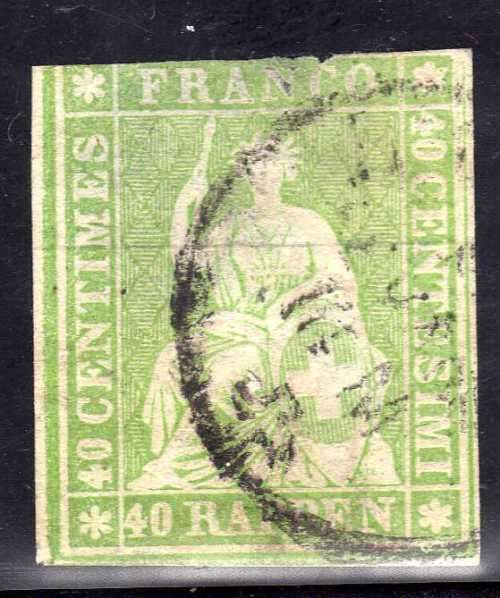 SWITZERLAND 1854 40r IMPERF GOOD USED CUT TOP MARGIN SLIGHT THINNING. SG 51. CAT 85 POUNDS.