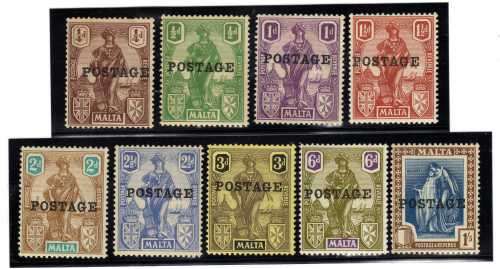 MALTA 1926 DEFIN "POSTAGE" OVPTD PART SET OF 9 MOUNTED MINT. SG 143-49, 151 & 152. CAT 15,45 POUNDS.