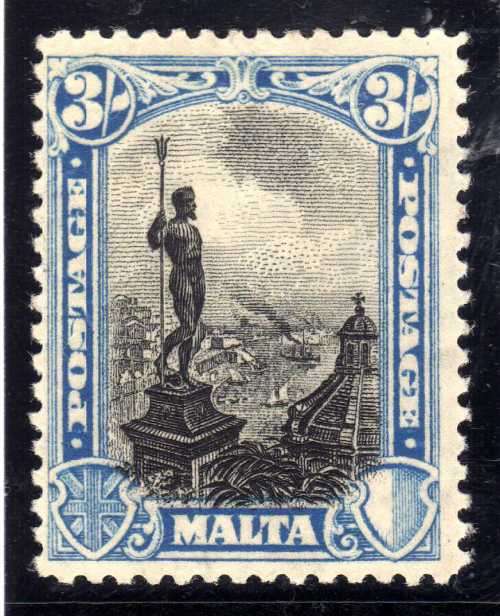 MALTA 1926 DEFIN 3/- BLACK & BLUE FINE MOUNTED MINT. SG 170. CAT 21 POUNDS.