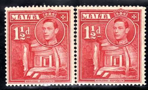 MALTA 1938 DEFIN 1,5d PAIR UMM WITH BROKEN CROSS VARIETY. SG 220a. CAT 400 POUNDS.