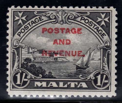 MALTA 1928 "POSTAGE AND REVENUE" OPTD 1/- BLACK VERY FINE LMM. SG 186. CAT 5,50 POUNDS.