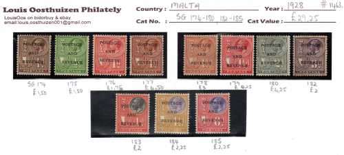 MALTA 1928 "POSTAGE AND REVENUE" OPTD PART SET OF 11 MINT. SG 174/80 & 182/85. CAT 29.25 POUNDS.