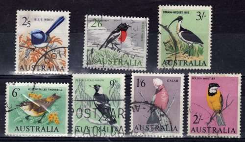AUSTRALIA 1964 BIRDS SET OF 7 FINE - VFU. SG 363-369. CAT 14 POUNDS.