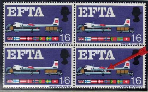 Great Britain 1967 `EFTA` 1/6d block of 4 umm variety `Broken undercarriage leg`. SG 716ph. Cat £40